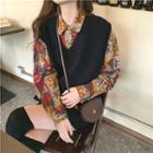 Print Long-sleeve Loose-fit Shirt / Plain V-neck Knit Vest