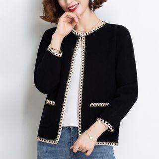 Long-sleeve Round-neck Contrast-trim Cardigan