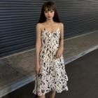 Spaghetti Strap Print Frill Trim Midi A-line Dress