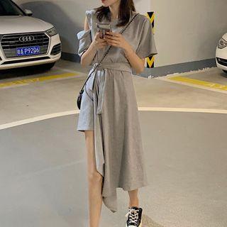 Short-sleeve Asymmetric T-shirt Dress Gray - One Size