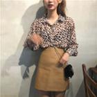 Long Sleeve Leopard Printed Blouse / Faux-leather Skirt