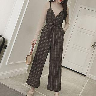 Set: Plain Long-sleeve T-shirt + Plaid Cropped Wide-leg Jumper Pants
