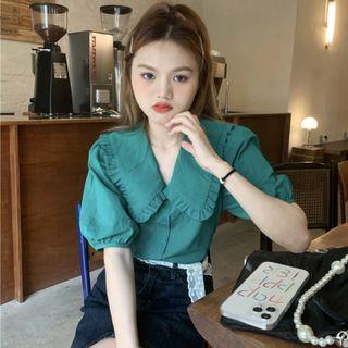 Puff-sleeve Frill Trim Wide Collar Blouse