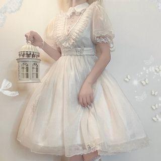 Puff-sleeve Ruffled A-line Dress / Belt / Headpiece / Set