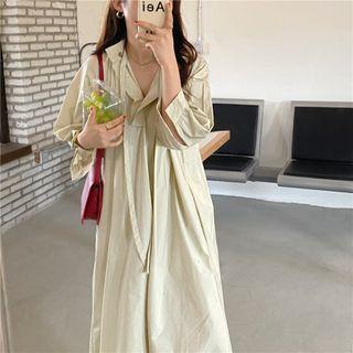 3/4-sleeve Open-placket Midi Shirt Dress