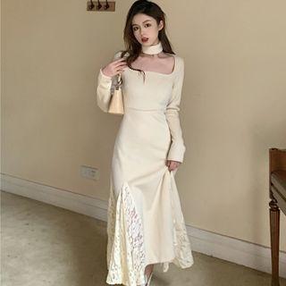 Long-sleeve Square Neck Lace Panel Woolen Midi Dress