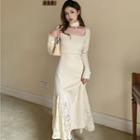 Long-sleeve Square Neck Lace Panel Woolen Midi Dress