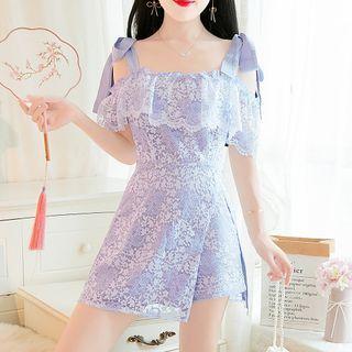 Set: Ruffled Cold-shoulder Mini A-line Lace Dress + Shorts