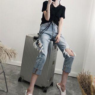 Set: Short Sleeve Plain T-shirt + Carpi Ripped Jeans