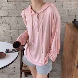 Plain Long-sleeve Hooded Top / High-waist Drawstring Shorts