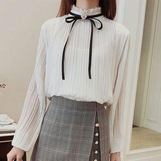 Frilled Neck Pleated Long-sleeve Chiffon Blouse