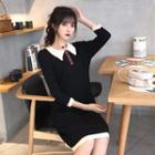 Color-block Long-sleeve Slim-fit Dress Black - One Size