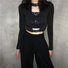 Long-sleeve Buckled Open Front Crop Top Black - One Size