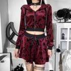 Set: Floral Print Cropped Velvet Hoodie + Mini A-line Skirt
