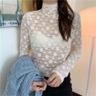 Semi High-neck Long-sleeve Lace Top
