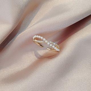 Rhinestone Faux Pearl Open Ring R259 - Cross & Faux Pearl - One Size
