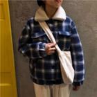 Fleece Collar Plaid Single-breasted Jacket As Shown In Figure - One Size