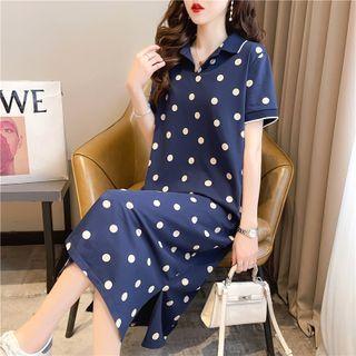 Short-sleeve Collar Dotted Midi T-shirt Dress