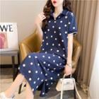 Short-sleeve Collar Dotted Midi T-shirt Dress