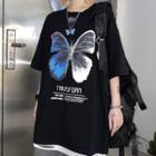 Lettering Butterfly Short-sleeve Round Neck T-shirt Black - One Size