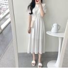 Crochet Trim Plain Short-sleeve Midi A-line Dress