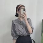 Puff-sleeve Gingham Ruffle Blouse