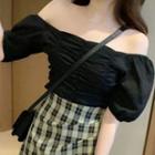 Off-shoulder Ruched Top / Plaid Skirt