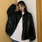 Embroidered Faux Leather Bomber Jacket Black - One Size