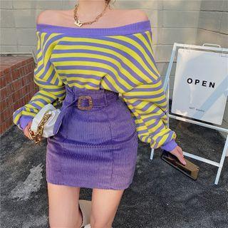 Off-shoulder Striped Sweatshirt / Corduroy Mini Pencil Skirt