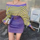 Off-shoulder Striped Sweatshirt / Corduroy Mini Pencil Skirt