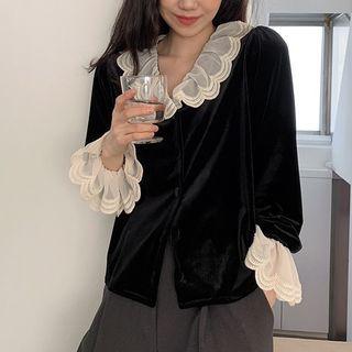 Bell-sleeve Collared Velvet Blouse