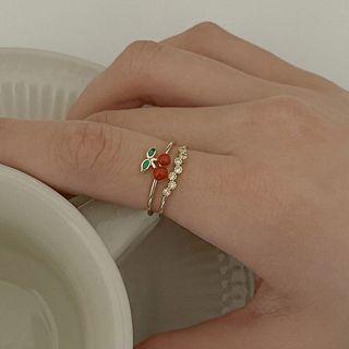 Cherry Rhinestone Open Ring Red & Gold - One Size