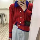 Long-sleeve Color Block Buttoned Knit Top