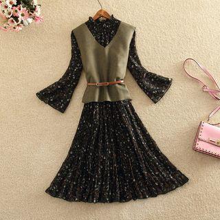 Set: Printed Bell-sleeve Chiffon Dress + V-neck Vest
