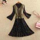 Set: Printed Bell-sleeve Chiffon Dress + V-neck Vest