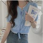 Short-sleeve Bow Detail Pointelle Knit Top