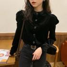 Shirred-sleeve Velvet Blouse Black - One Size