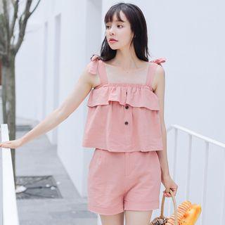Set: Bow Accent Ruffle Trim Tank Top + Shorts