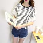 Elbow-sleeve Striped Pleated Panel T-shirt