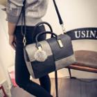 Pompom-accent Panel Boston Bag