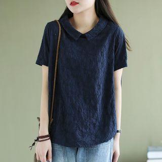 Short-sleeve Floral Embroidered Collared Blouse
