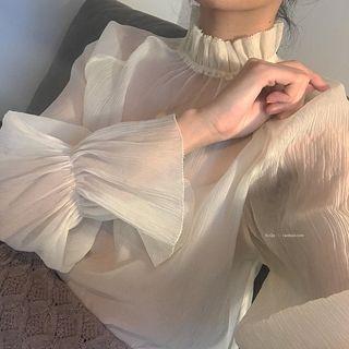 Bell-sleeve Sheer Chiffon Top Almond - One Size