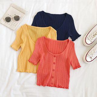Frilled Trim Scoop Neck Short-sleeve Lightweight Knit Top