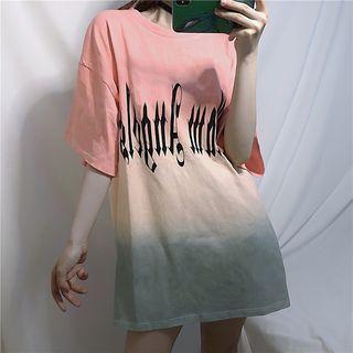 Elbow-sleeve Lettering Gradient T-shirt