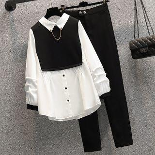 Mock Two-piece Shirt / High-waist Straight-leg Pants