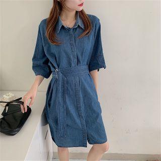 Short-sleeve Denim Tie-waist Mini Dress