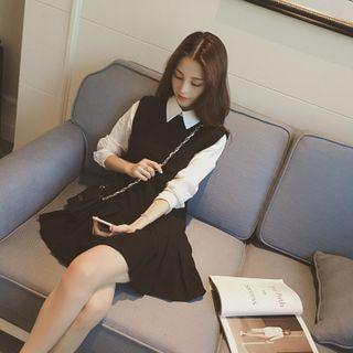 Mock Two Piece Collared Long Sleeve A-line Dress