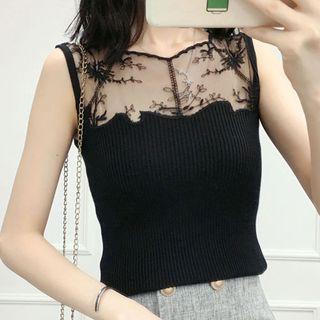 Mesh Panel Ribbed Knit Tank Top