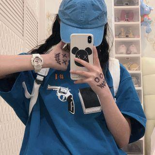 Elbow-sleeve Gun Print T-shirt As Shown In Figure - One Size