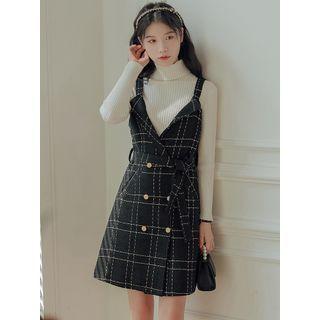 Plaid A-line Dress / Mock Neck Knit Top / Set